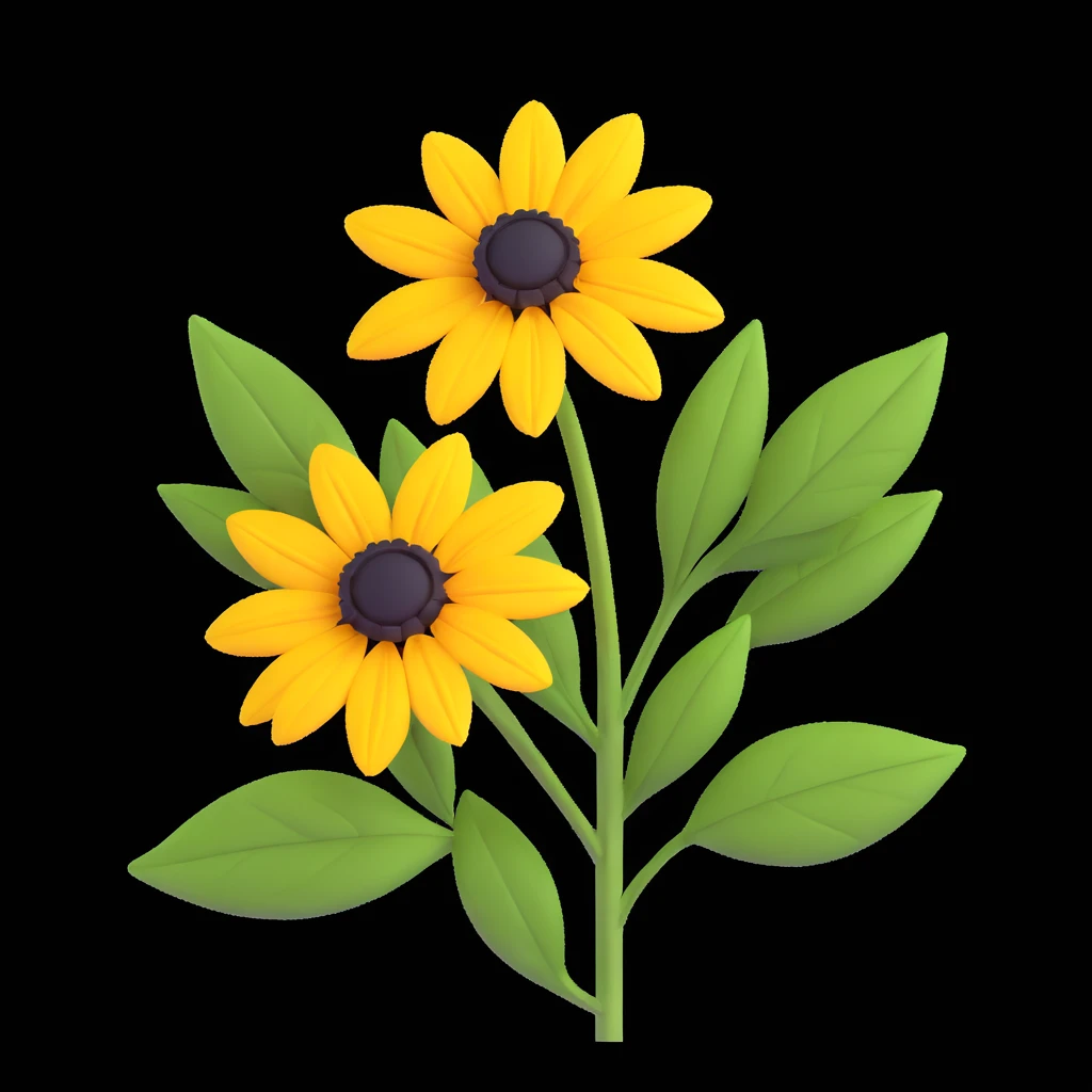 yellow rudbeckia flower with green leaves, 3D volumetric iOS style, white background, realistic shading and highlights emoji