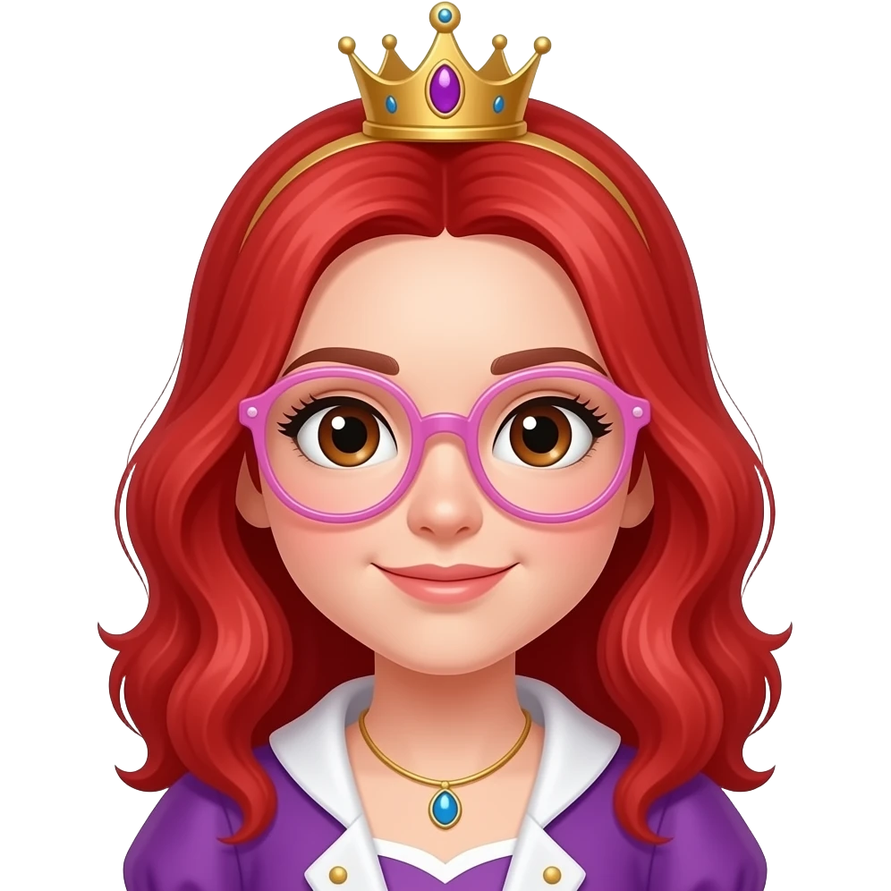 Generate an emoji of a white girl with red hair, brown eyes, semi-transparent pinkish and rounded eyeglasses. She is the new queen of chess emoji