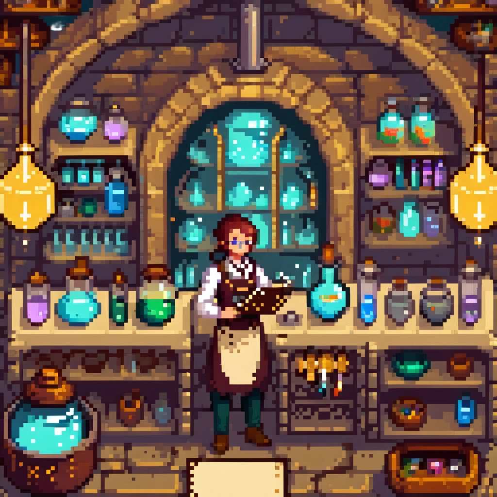 A mystical baker surrounded by bubbling glass flasks, enchanted ingredients, and a brass-trimmed oven. The workspace feels like a magical lab with parchment scrolls, glowing powders, and steampunk-style machinery. UI elements resemble aged parchment, crystal knobs, and smoky overlays. emoji