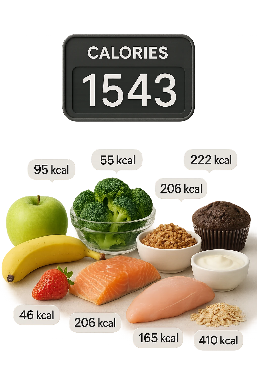 a digital calorie counter hovers above a variety of foods arranged on a table—fruits, vegetables, grains, meats, and desserts. Each food has a floating label showing its calorie content. The background is clean and modern, emphasizing the educational aspect of calorie awareness. emoji