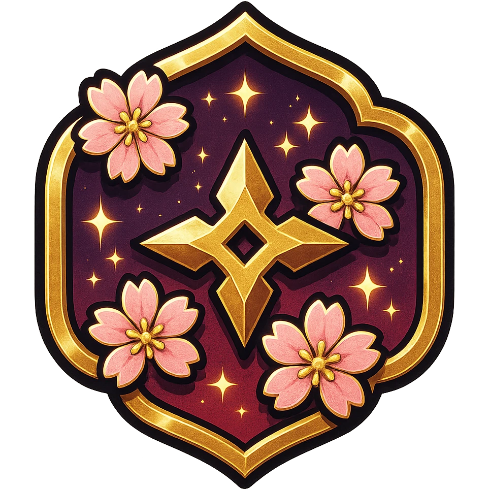 Anime-inspired Japanese style badge for Grandmaster rank: traditional crest shape with deep purple and red gradient with gold accents, sakura (cherry blossom) accents, ninja star, bold highlights and shadows, sparkly effects, no text, sized for Twitch or Discord use, transparent background. emoji