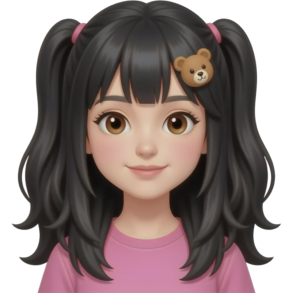 una chica pelinegra lacia el pelo extremadamente largo con piel blanca, camisa rosita, ojos marrones y unos ganchitos de osito emoji