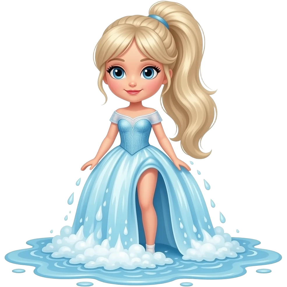 A full-body doll with a pretty ponytail falls to the floor like Niagara Falls, landing at her feet emoji