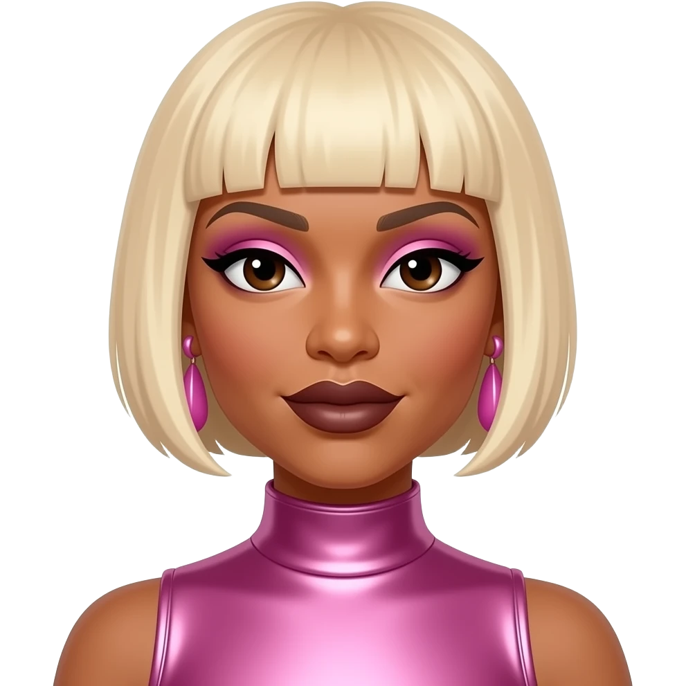 Tionne T-Boz Watkins from TLC with dark brown eyes, blonde tapered pixie cut hair, pink eyeshadow, dark brown lipstick, pink metallic high neck dress, pink earrings emoji