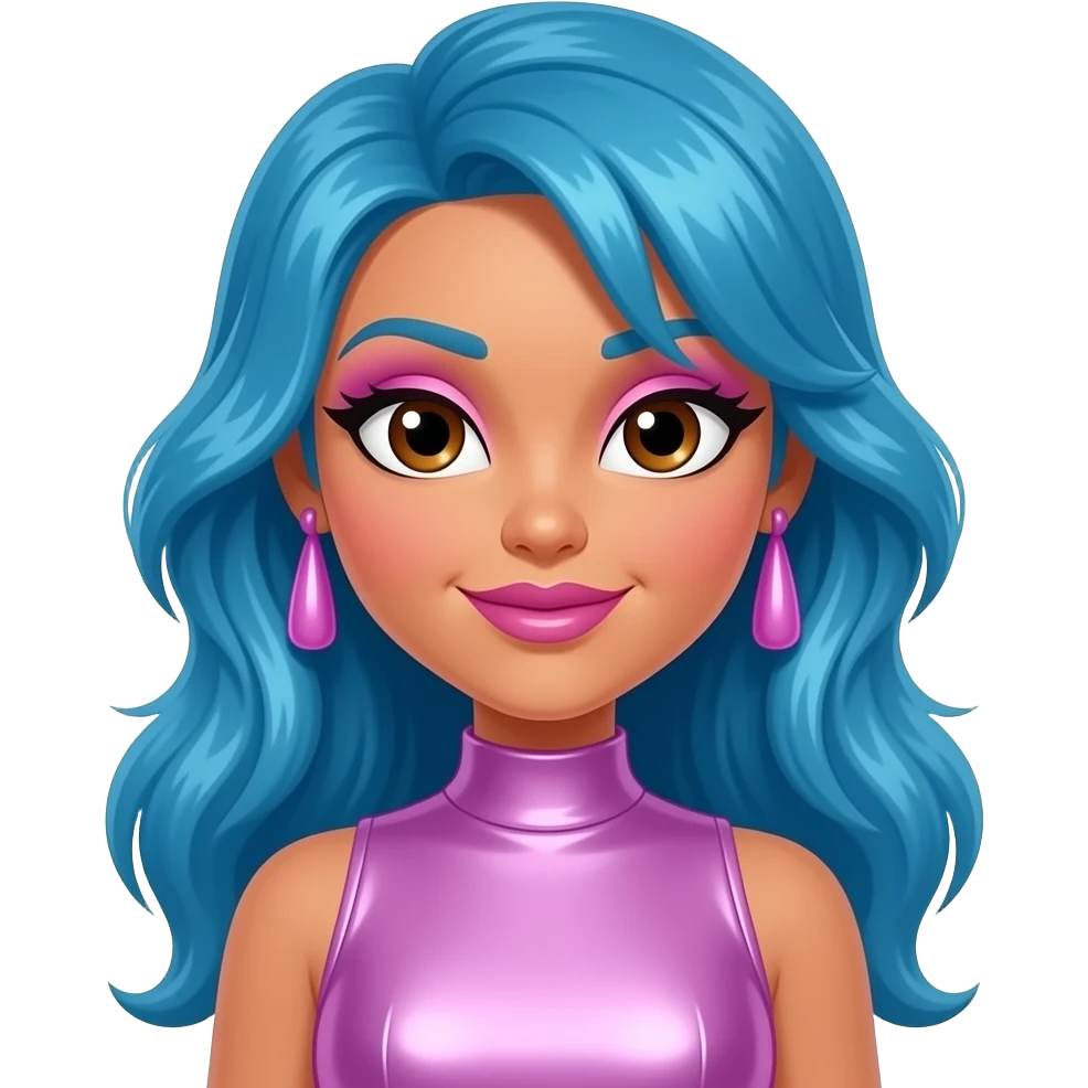 Aja from Jem and the Holograms with brown eyes, long blue 80s rocker hair, pink eyeshadow, pink lipstick, lavender pink metallic high neck dress, lavender pink earrings emoji