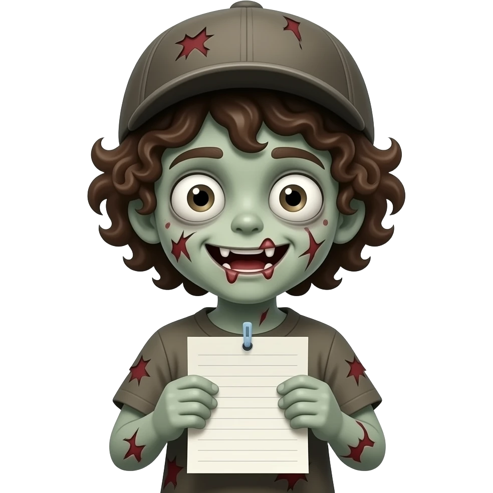 zombie kid with hat curly hair holding Notepaper in two hands and showing emoji
