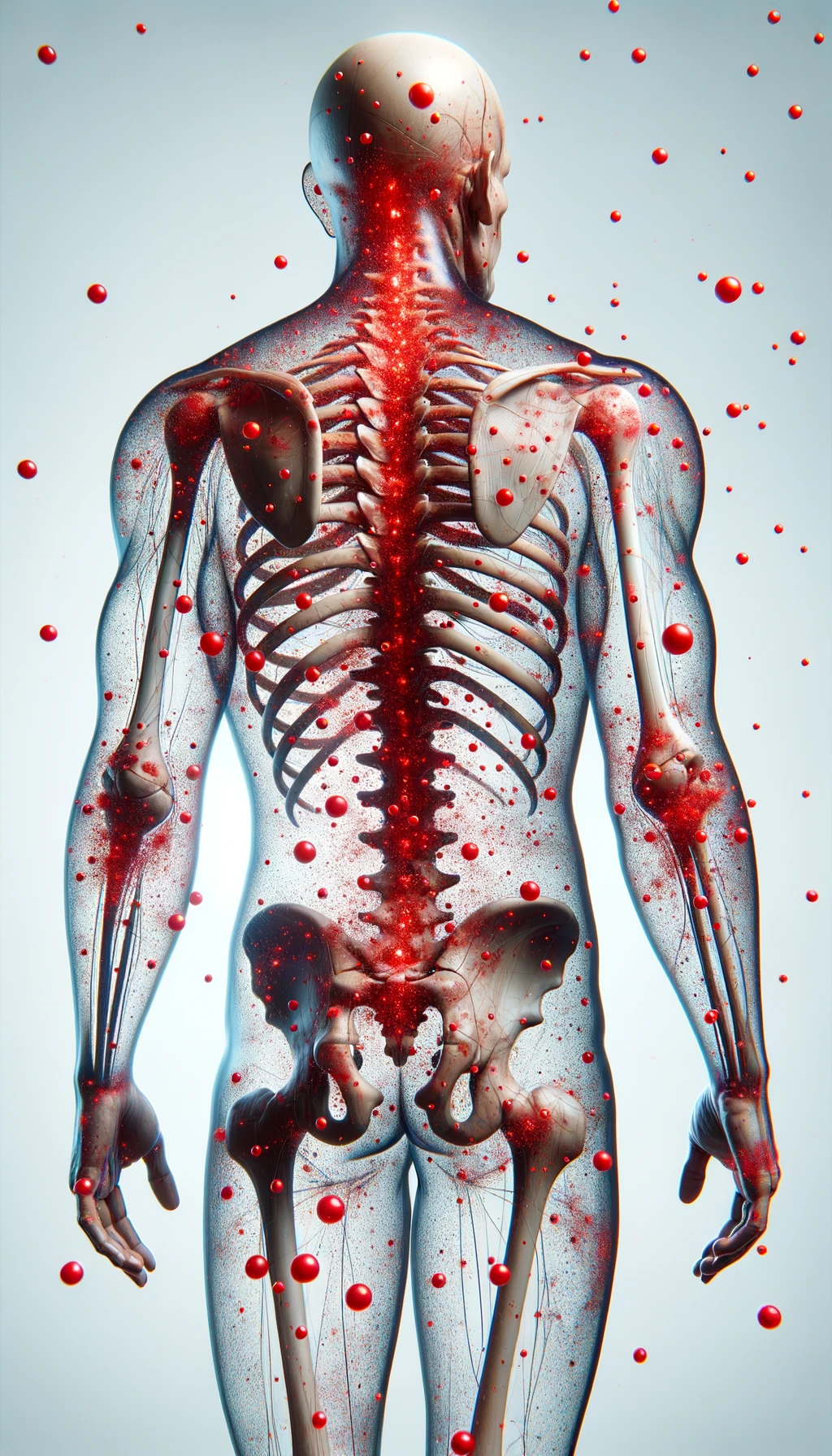 CORPO UMANO ANATOMICO CON RED SPOT DI INFIAMMAZIONE SPARSI SUL CORPO, SFONDO CHIARO, iperrealistico 4k emoji