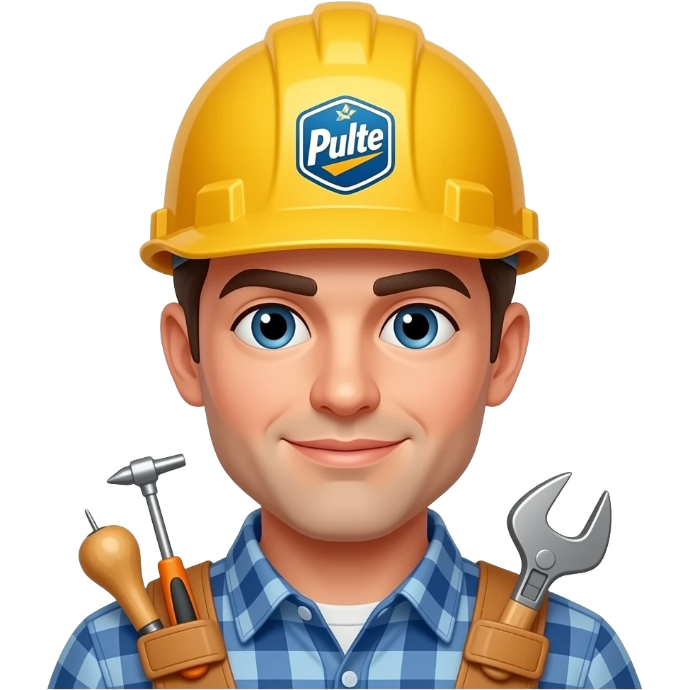 carpenter with tools and Pulte on his hard hat emoji