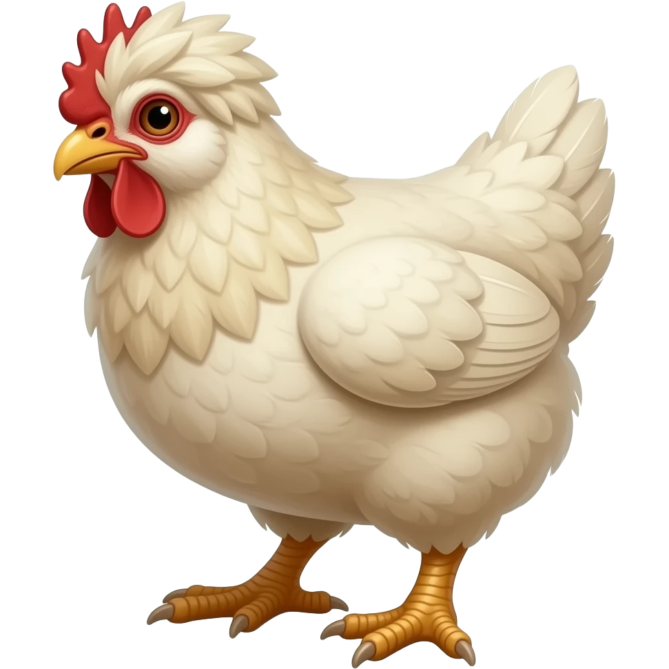 cinematic realistic - The huge ivory hen has thick male feet instead of claws like a Hobbit, the hen's head is disheveled with feathers, depicted at a 45-degree angle. emoji