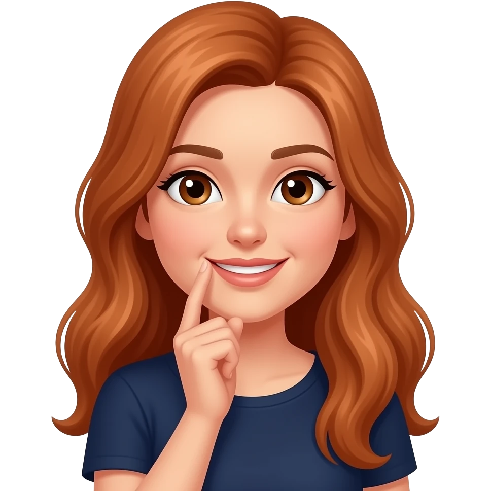 copper longer hair, sexy  navy top, brown eyed female “sushh”ing and smirking a little bit. emoji