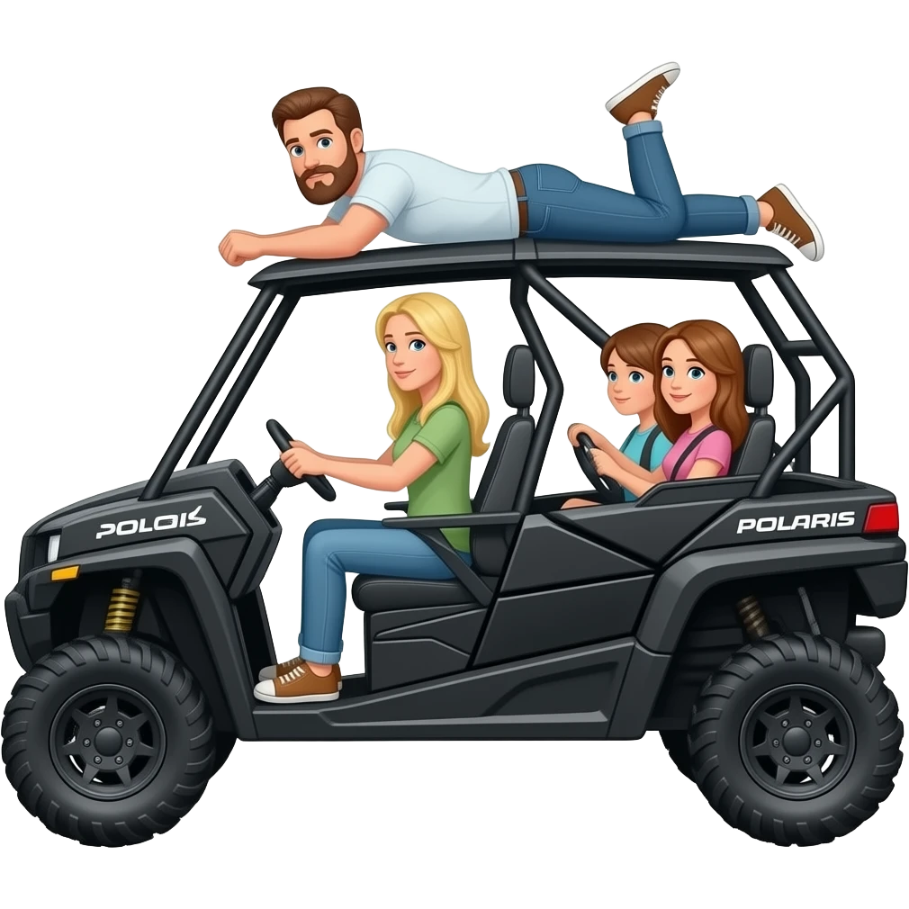 Side view Black 4 door sxs Polaris ranger atv  dad with beard laying on top being silly and blonde long hair mom driving and two girls in back emoji