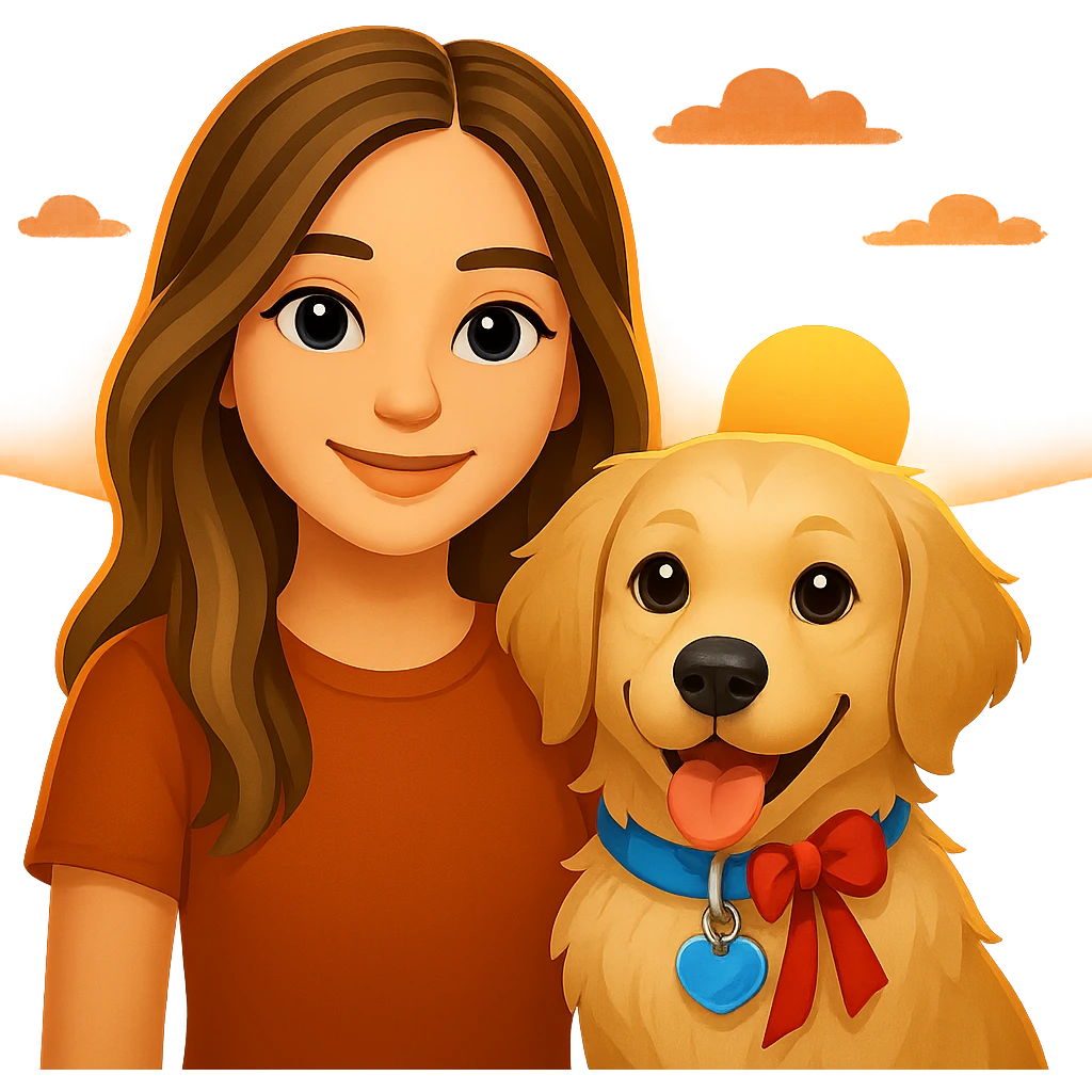 Create an emoji style image of a 20-year-old dirty blonde woman with brown highlights in her long hair and dark blue eyes, standing with an English cream golden retriever. The background is a warm sunset, and the scene is friendly and warm. emoji