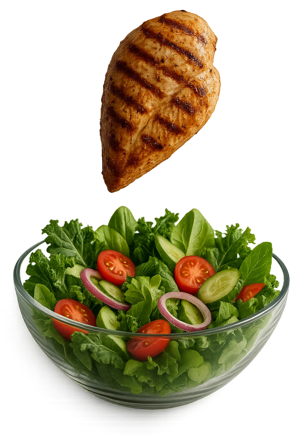INSALATA CON PETTO DI POLLO GRIGLIATO CHE CADE DALL'ALTO, IPERREALISTICO 4K emoji