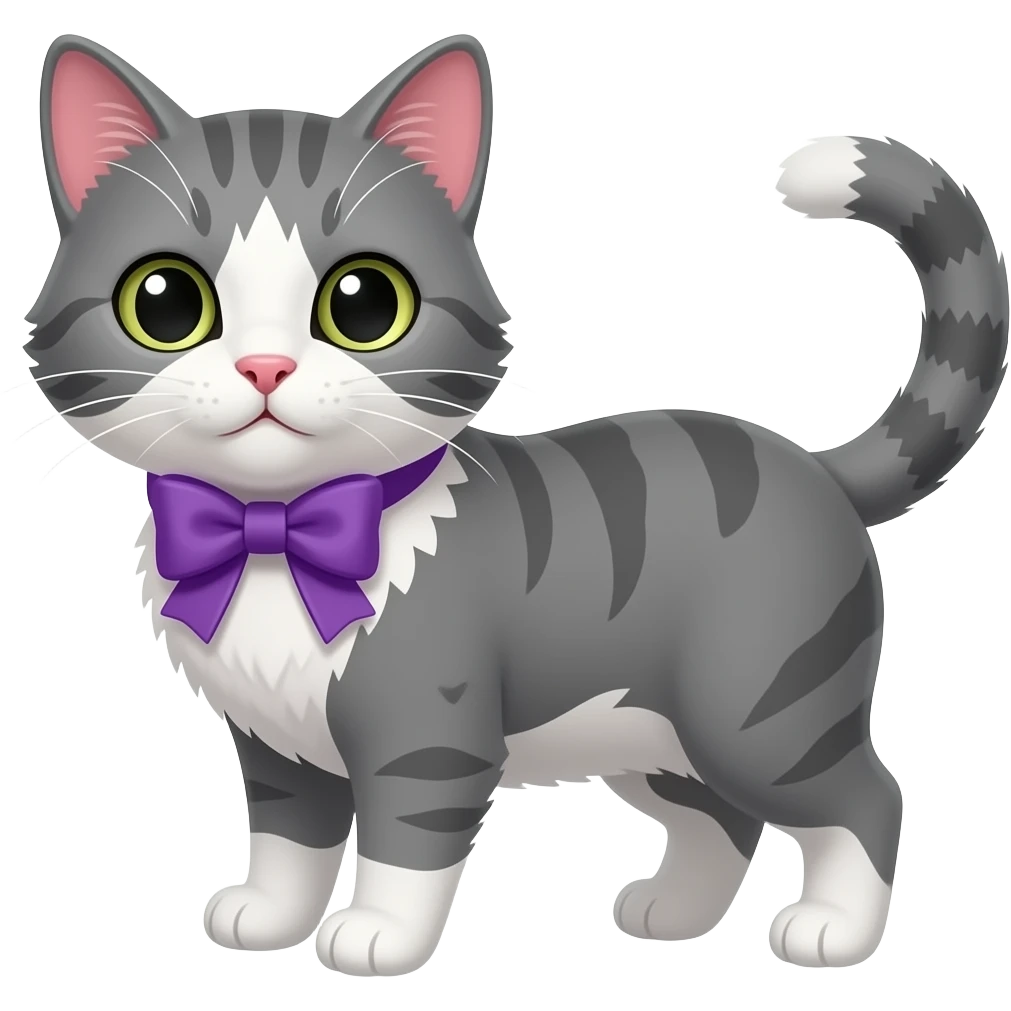 Gray white cat with purple bow emoji