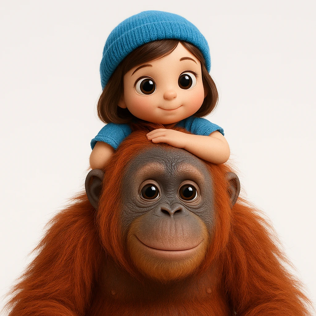 {
  "rendering": "3D rendered digital illustration",
  "materials": "high-detail textures with realistic material rendering",
  "lighting": "studio lighting with soft diffused shadows",
  "shading": "soft ambient occlusion, subsurface scattering on skin",
  "forms": "rounded smooth forms",
  "background": "clean white background",
  "eyes": "glossy reflective eyes",
  "colors": "vibrant saturated colors",
  "surface_detail": "detailed surface textures including fur strands and fabric weave",
  "animal_proportions": "naturalistic proportions for animals and objects",
  "human_proportions": "cute stylized proportions with large expressive eyes for human characters only",
  "subject": "orangoutang"
} emoji