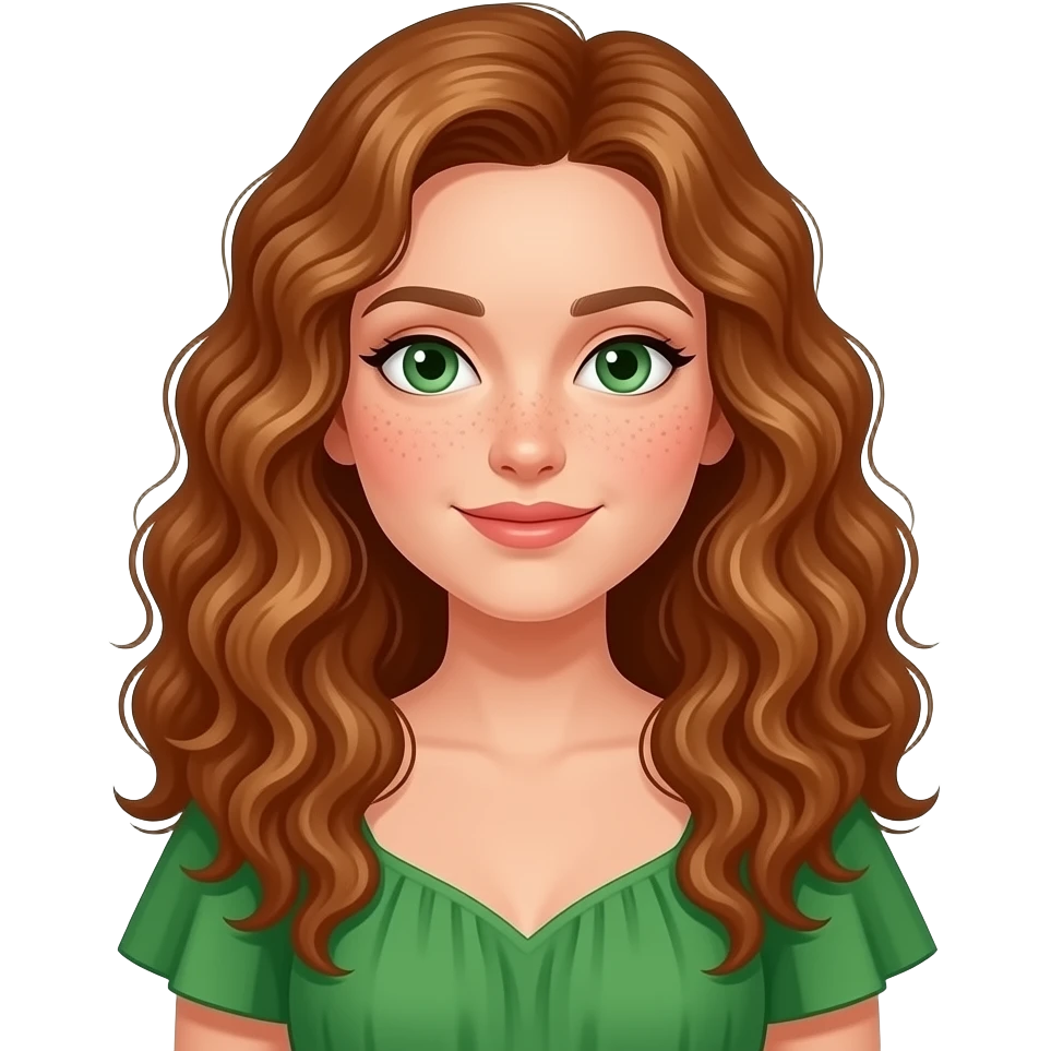 femme, cheveux longs bouclés, yeux verts, quelques tâches de rousseur, en robe verte emoji