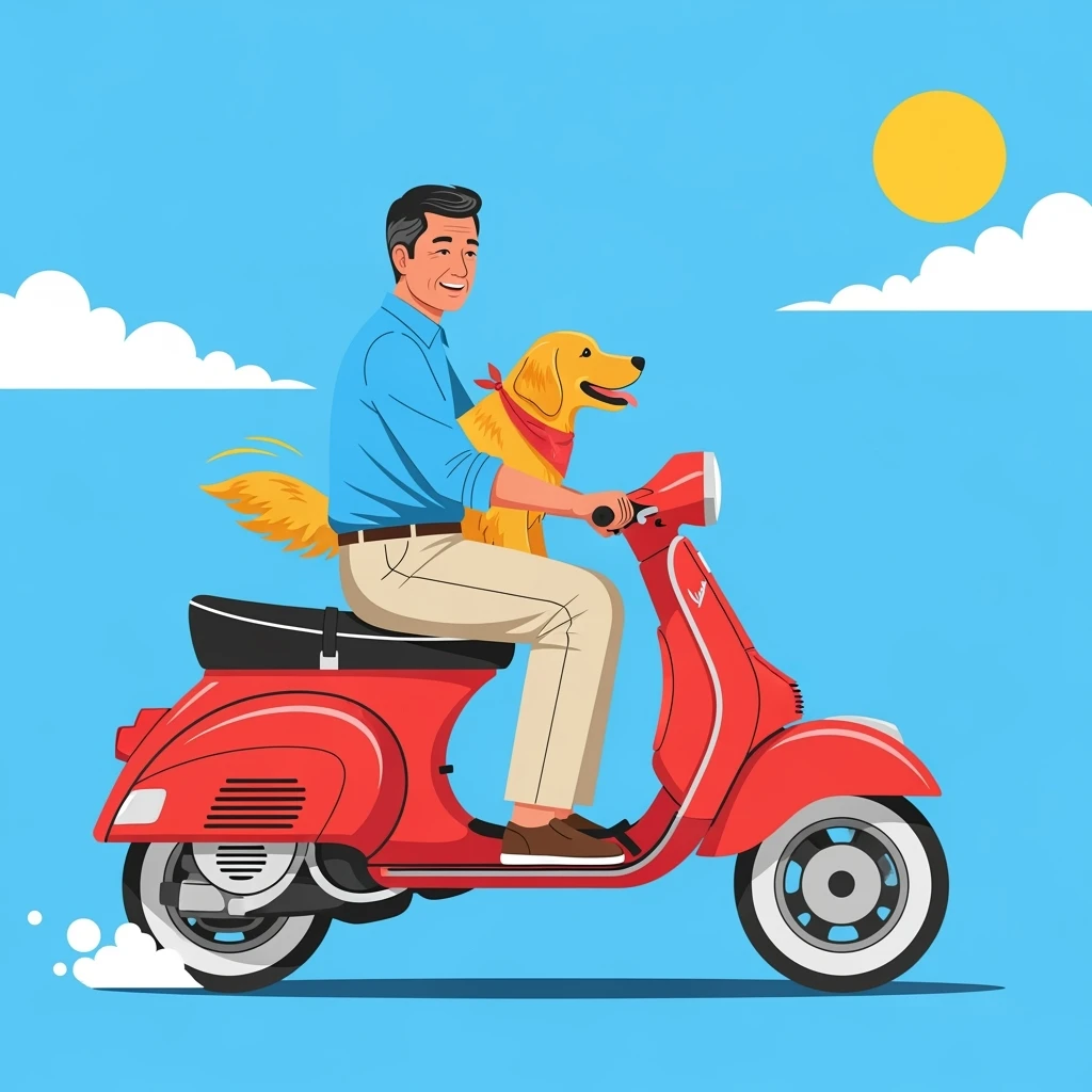 vector art of a man and his pet dog riding a vespa, for website design emoji