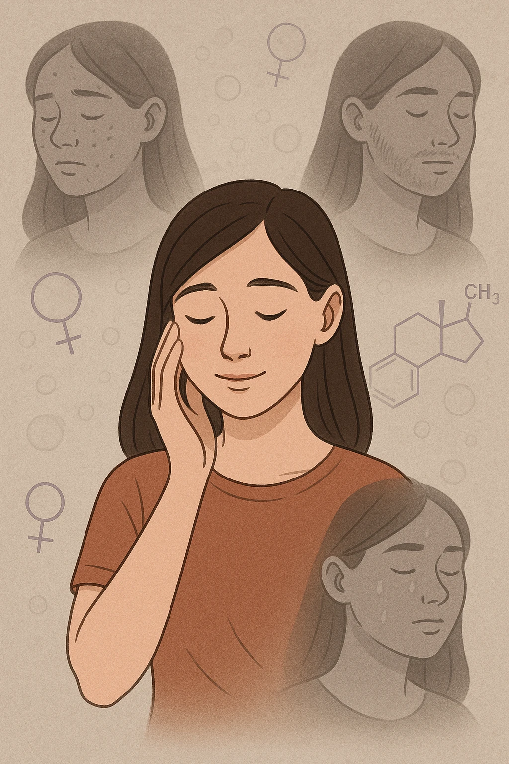 A young woman is surrounded by faint overlays of hormonal symbols and androgen molecules, with shadowy images of acne, facial hair, and oily skin projected around her, symbolizing the symptoms of PCOS with androgen excess. She looks down, gently touching her face with a resigned but hopeful expression, symbolizing her journey toward managing these symptoms. emoji