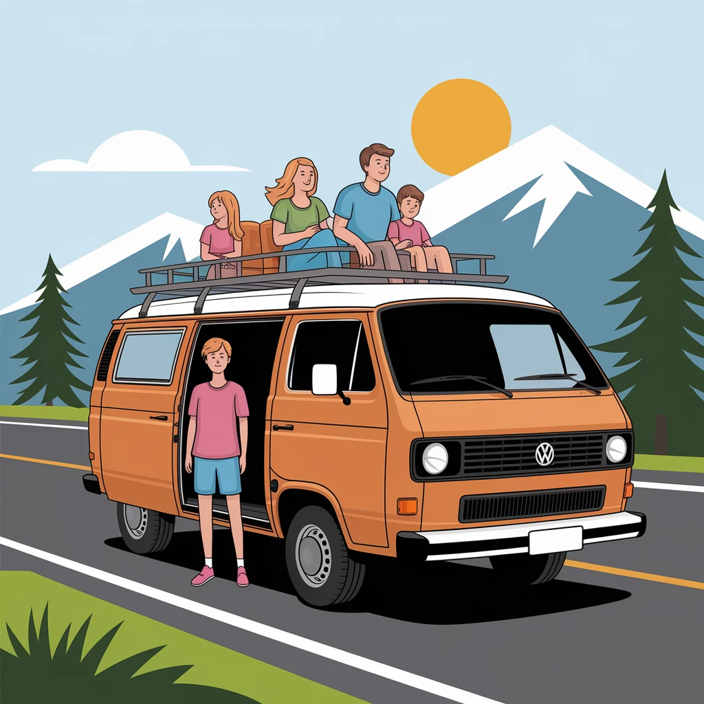 color vector art with thin outline of family on road trip with volkwagon van emoji
