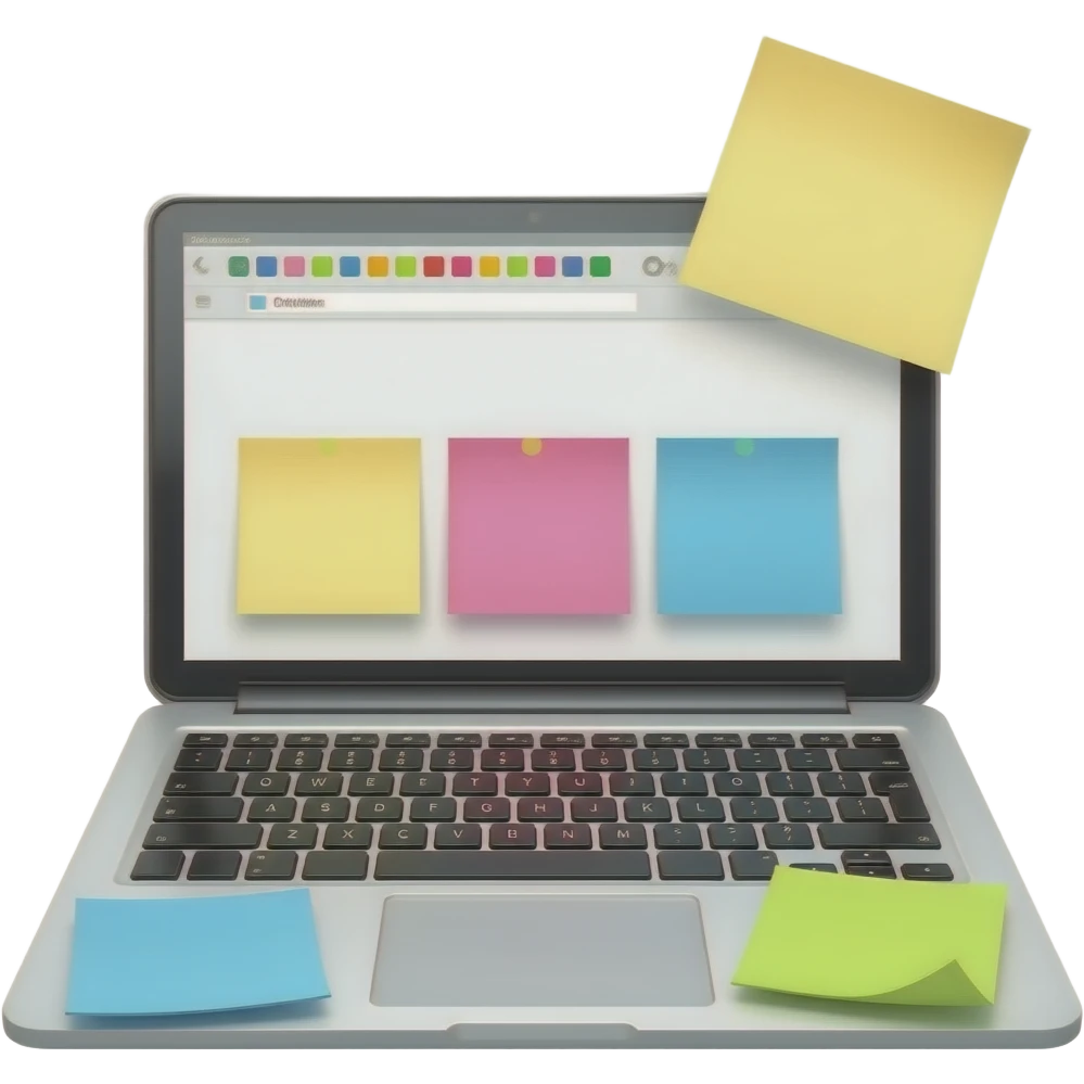 white laptop with 3 sticky notes on it and a white background on the screen emoji