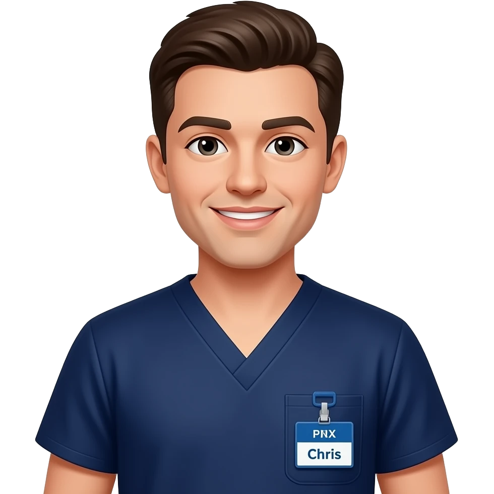 use the above emoji, but dress in navy blue scrubs and add an RN badge with name of "Chris" emoji