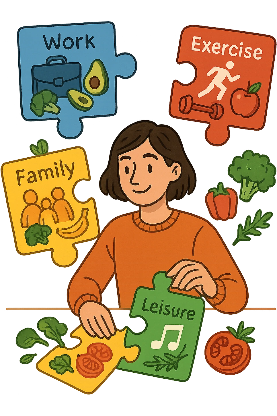 a person is surrounded by puzzle pieces, each representing a different aspect of their life (work, exercise, family, leisure), and healthy foods are integrated into each piece. The person assembles the puzzle, creating a complete, personalized nutrition plan. The mood is uplifting and creative. in italiano emoji