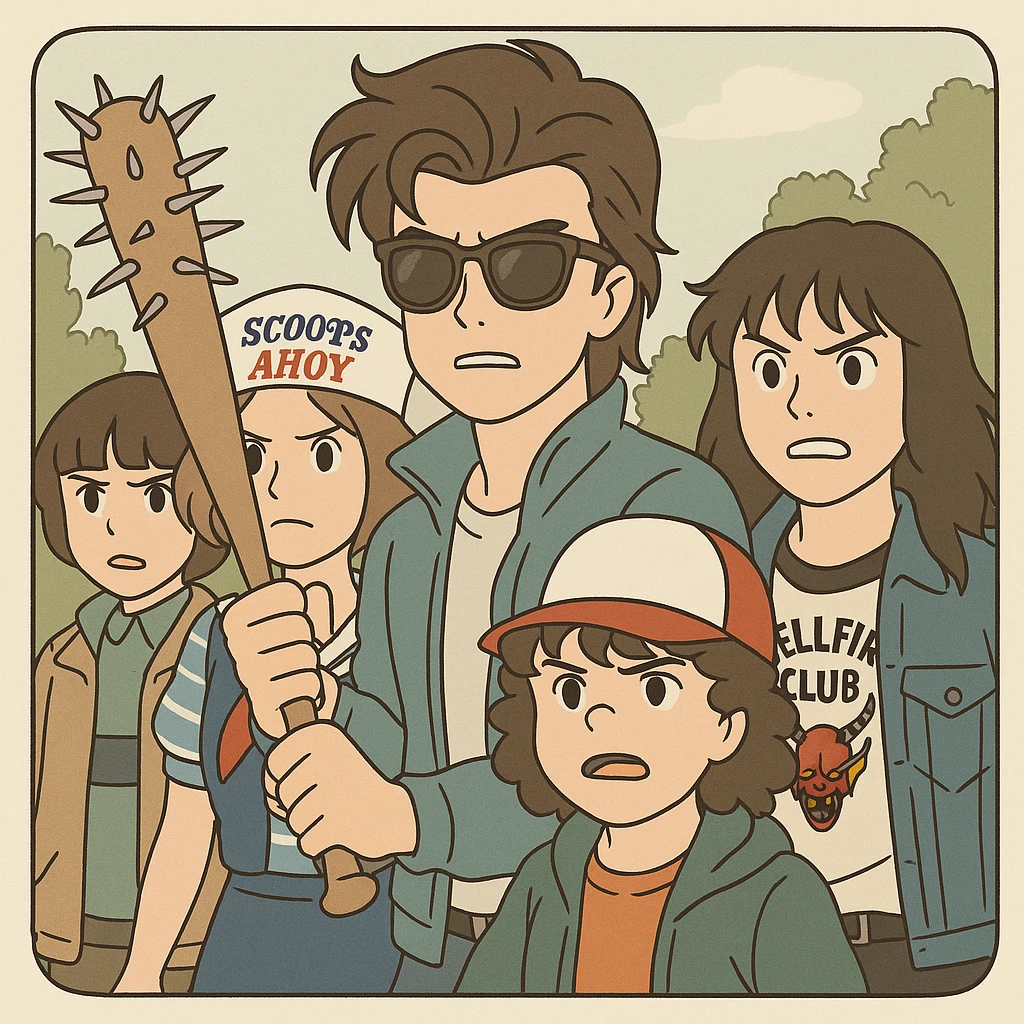 Iconic Stranger Things scene: Steve Harrington protecting the kids with a spiked baseball bat, all together in a mood of courage, simple line art, light pastel tones, thick outlines, Ghibli style, 1:1 format, safe and friendly. emoji
