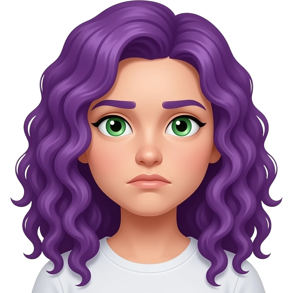 white girl with curly purple hair and green eyes bored emoji