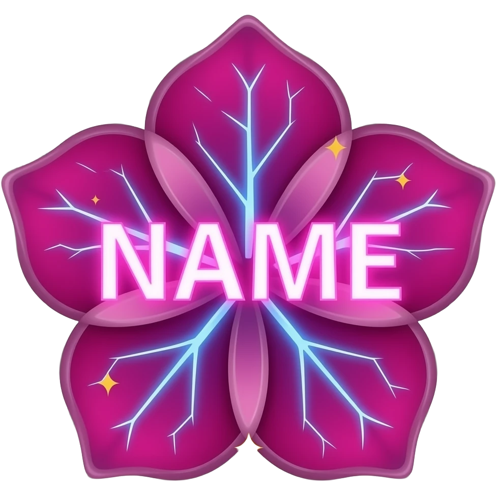 A lush, text 'NAME' with petals that glow with an internal neon pink light. Fine electric-blue veins run through the petals, surrounded by floating golden sparkles. Isolated on a black background for maximum glow effect emoji