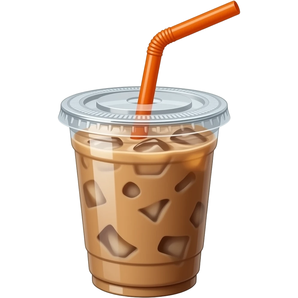 iced latte in a plasic cup with flat top and Orange straw emoji
