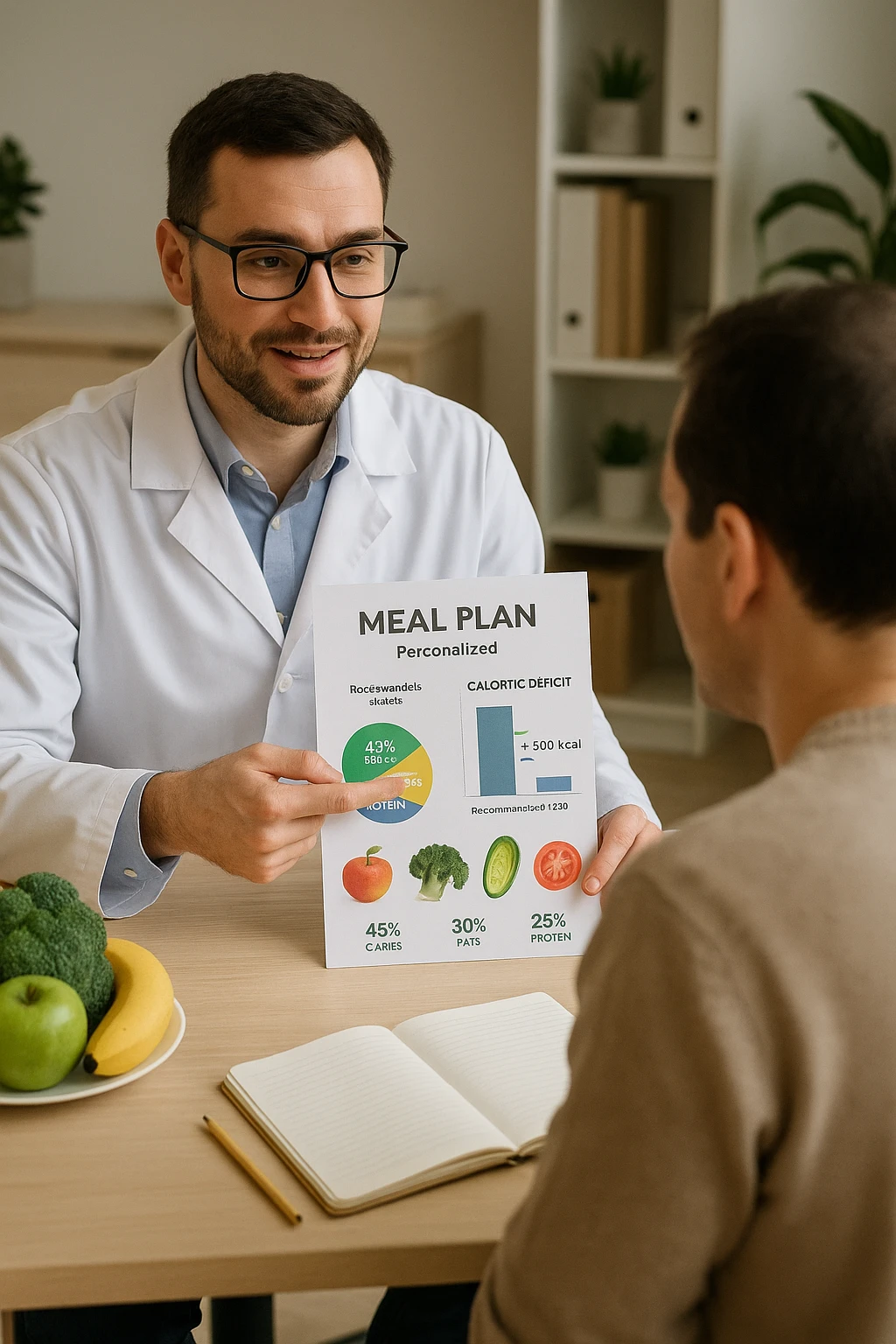 a nutritionist sits at a desk with a client, showing a personalized meal plan and a chart that clearly displays the client’s specific daily caloric deficit. The nutritionist points to the chart, which includes recommended calories, macronutrient breakdown, and healthy food options. The mood is professional, supportive, and educational. in italiano emoji