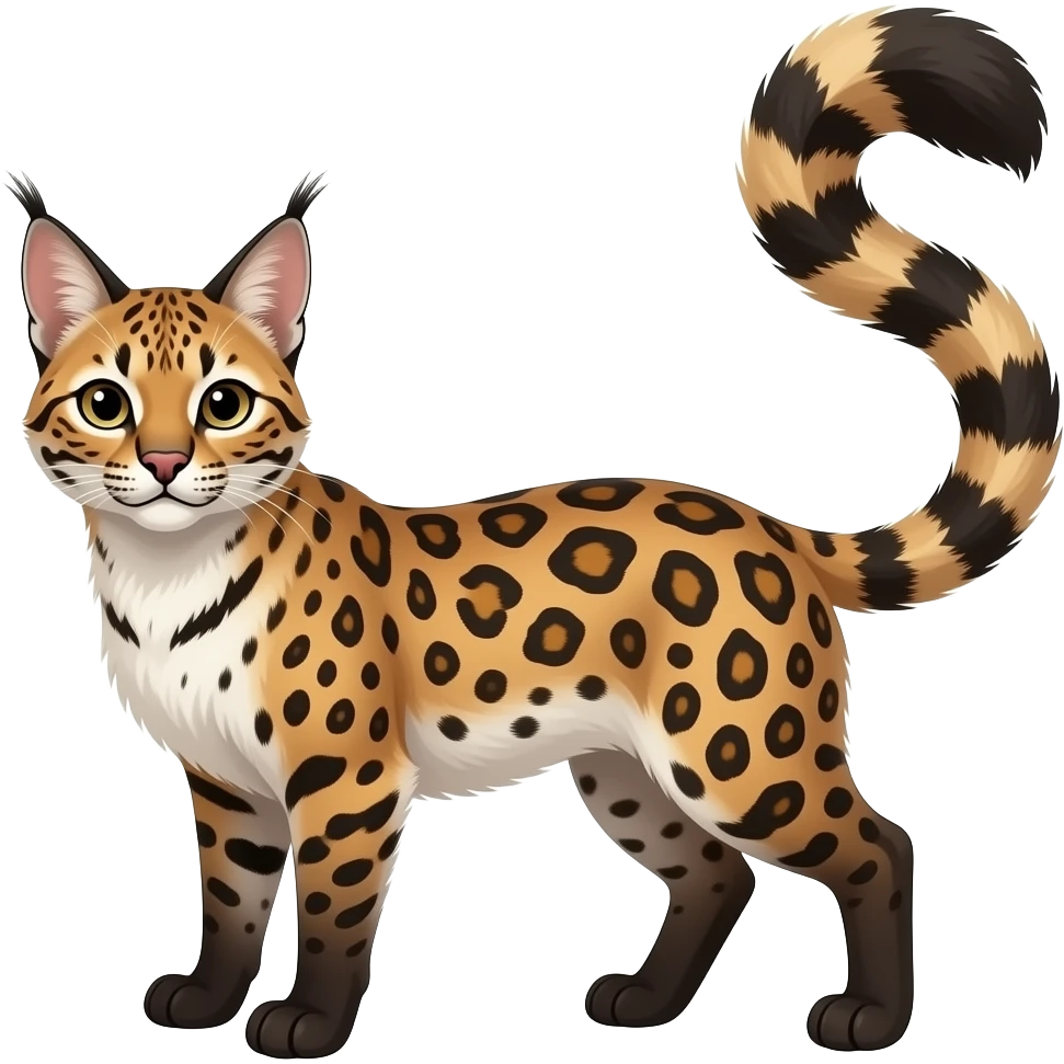 realistic elegant lanky feathery reddish, bronze, beige, white, brown, black, caracal-civet-snow-leopard-bobcat-genet-animal-Fakémon-hybrid, long thin tufted tail emoji