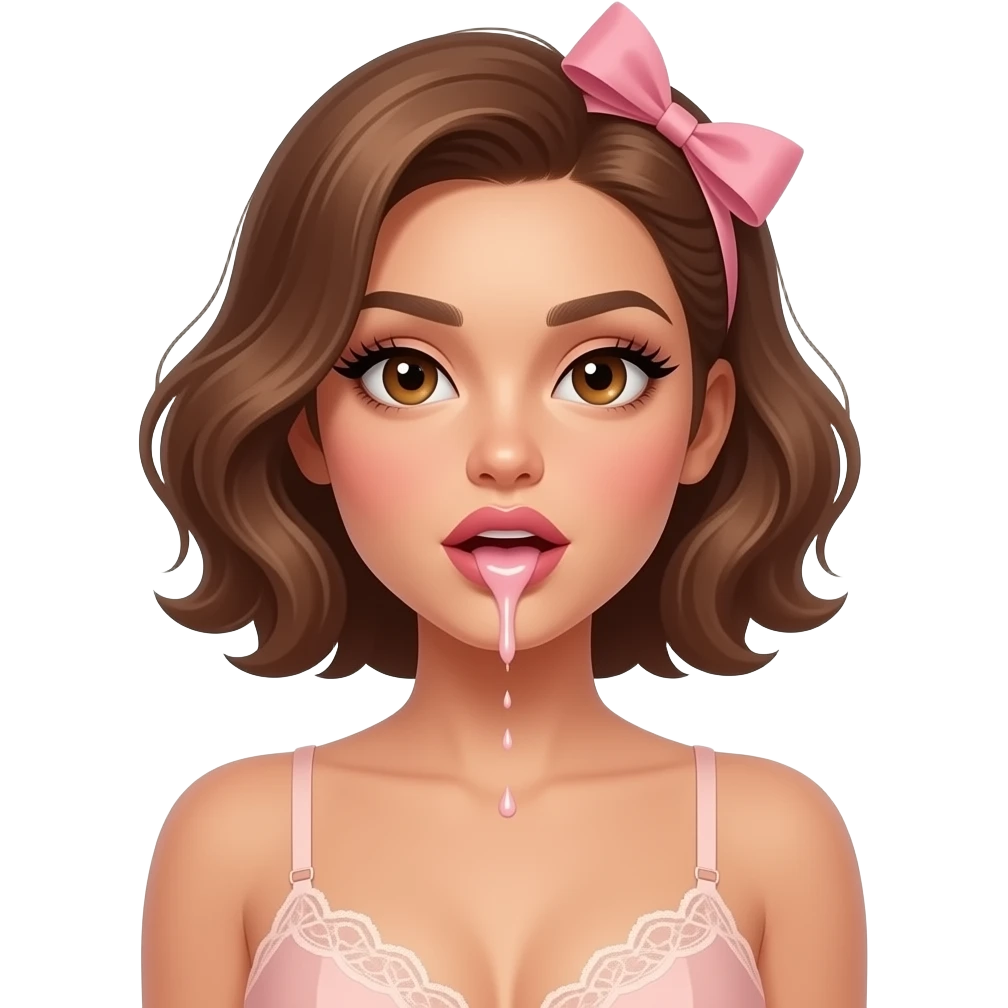 glamours,-tanned,-very-beautiful-woman-with-big-plump-rose-beige-lips,-long-lashes,-honey-silky-very short- hair,-wavy-hair,-with pink bow in hair -hazel-eyes-wearing-nude-lace-lingerie-nude-stilettos,-vommiting -thighs-up emoji