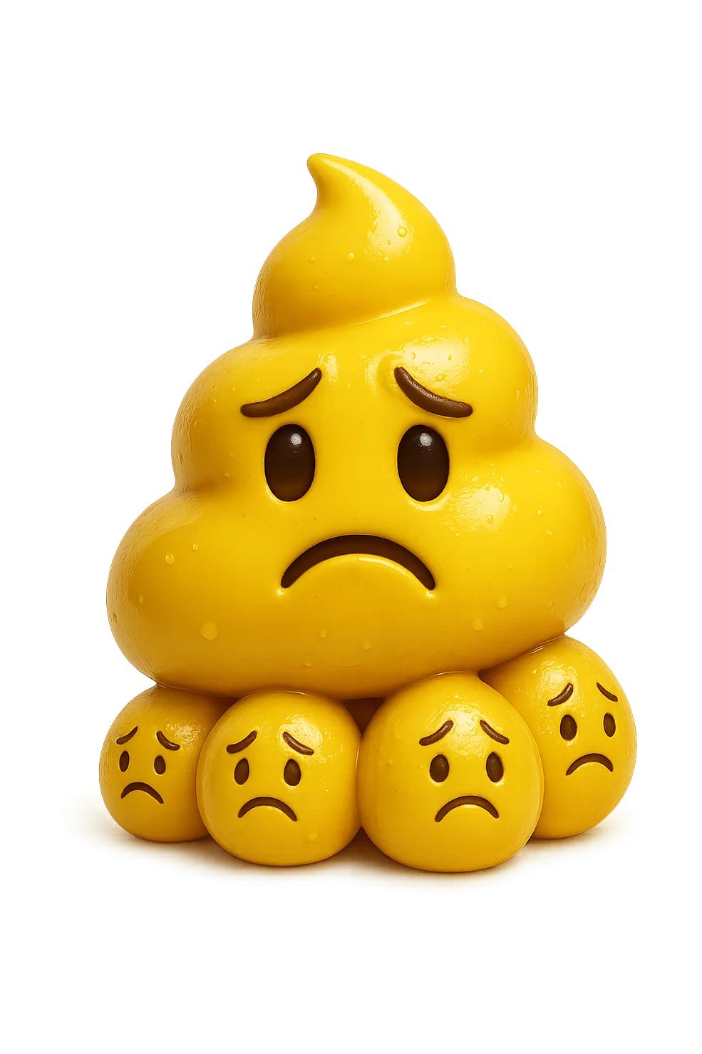 emoji stile iphone di una cacca giallina e liquida con espressione triste, sopra una montagnetta di feci a palline con espressione triste, iperrealistico 4k, isolato su sfondo bianco emoji