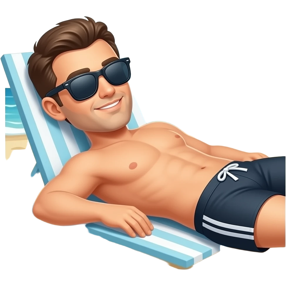 Mache ein Mann der sich am Strand in der Sonne in Badehose sonnt, er trägt eine Sonnenbrille und eine speedo und  im Hintergrund das Meer, Sand und Sonne emoji