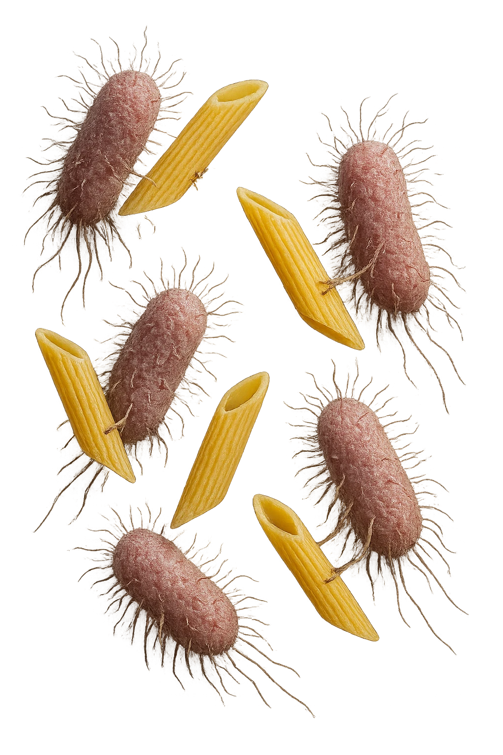 SEI BATTERI intestinALI FLUTTUANO IN ARIA CON PENNE DI PASTA RIGATE, IPERREALISTICO 4K emoji