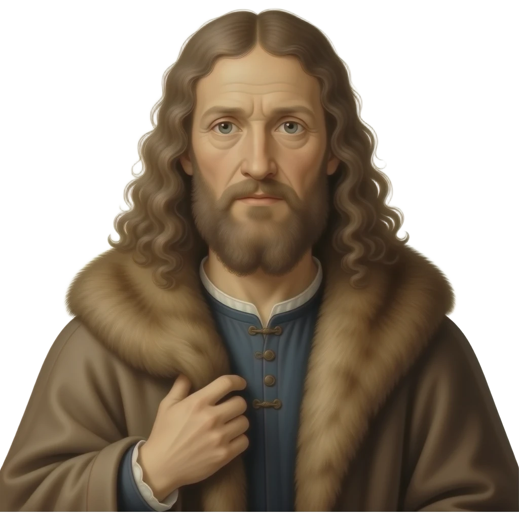 en face penetrating balanced, dried up and wrinkled Albrecht Dürer Renaissance self-portrait with very very long curly hair in a cloak with a fur collar, in Renaissance dress, holding the fur collar with his left hand - an icon of Christ Himself emoji