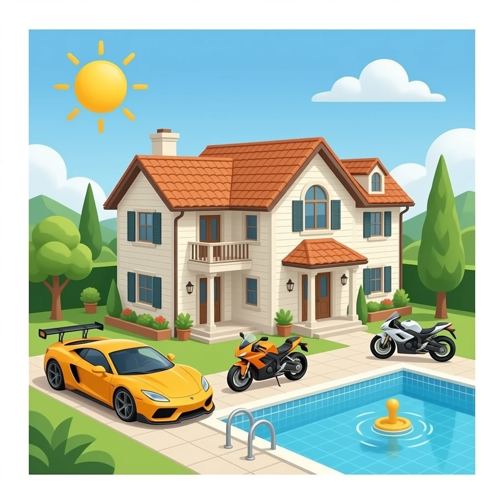 Giga house with sport cars and swimming pool and motorcycles emoji