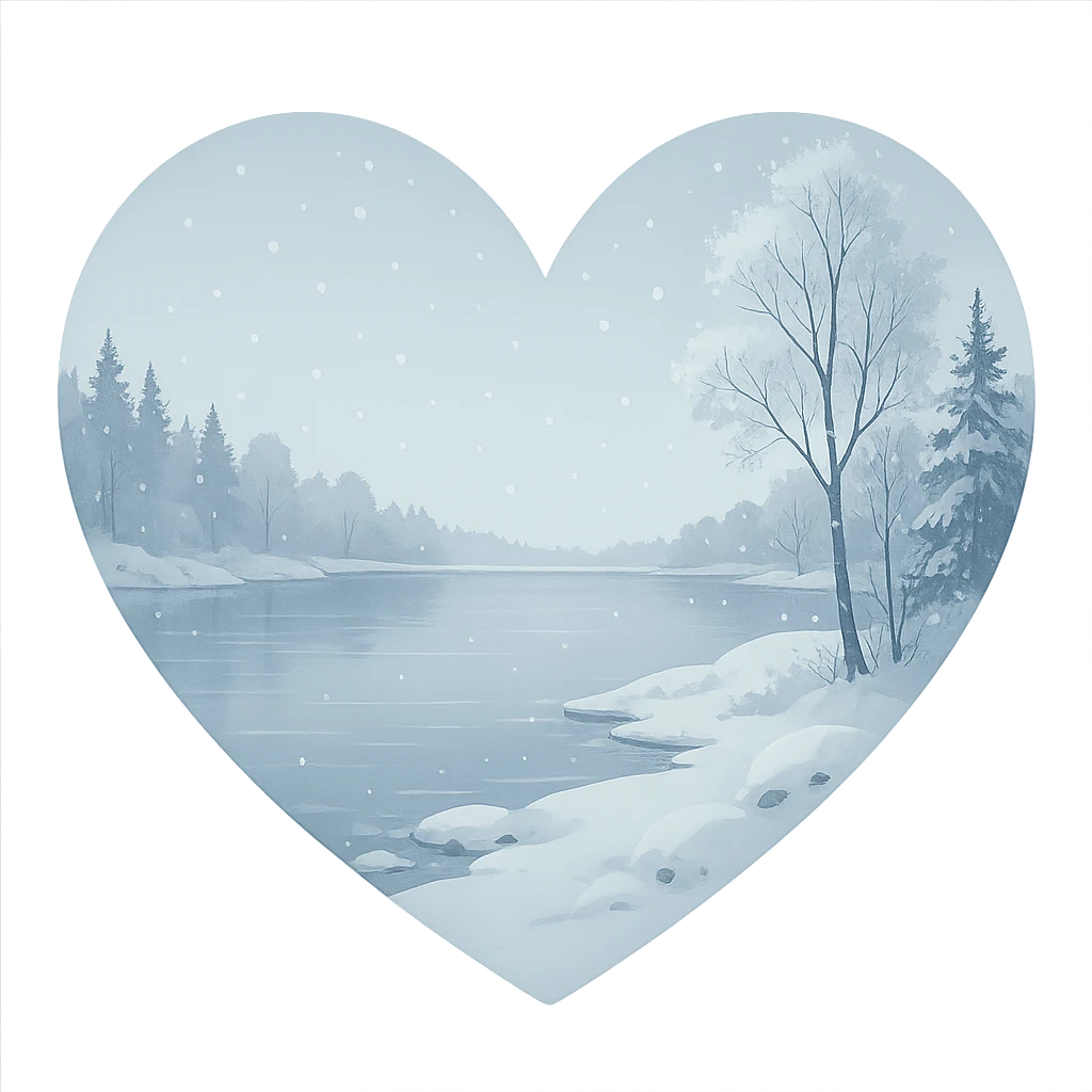 heart with a tranquil snowy lakeshore, clean digital illustration emoji