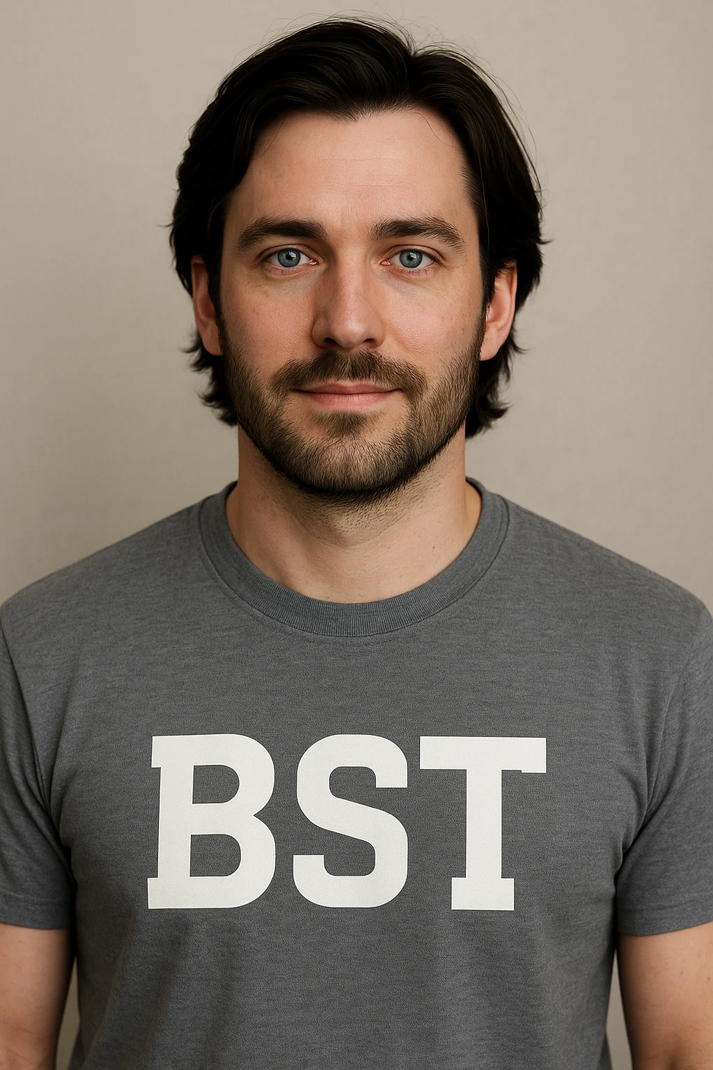 male avatar, 30 years old, Caucasian, white skin, dark medium-length hair, blue eyes, chest-up view, shirt displays 'BST' text emoji