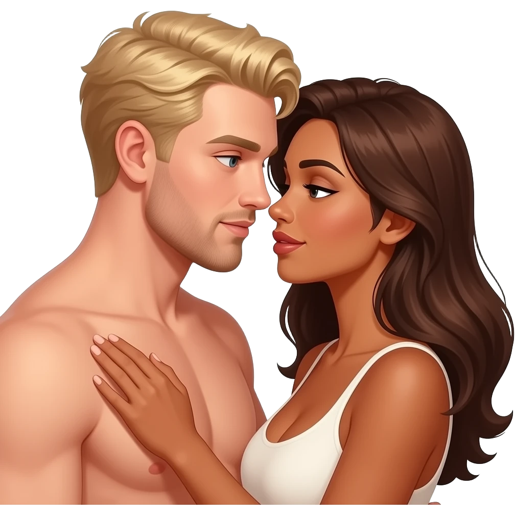Dirty blonde Man and brown haired woman tanned skin in love sexy steamy emoji