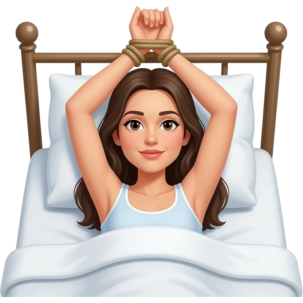Femme allongée sur le dos dans un lit avec les bras  attaché à la tête de lit emoji