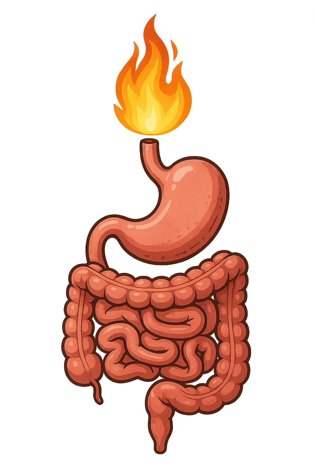 intestino e stomaco sono collegati, con una fiamma che brucia sopra, isolate su sfondo bianco emoji