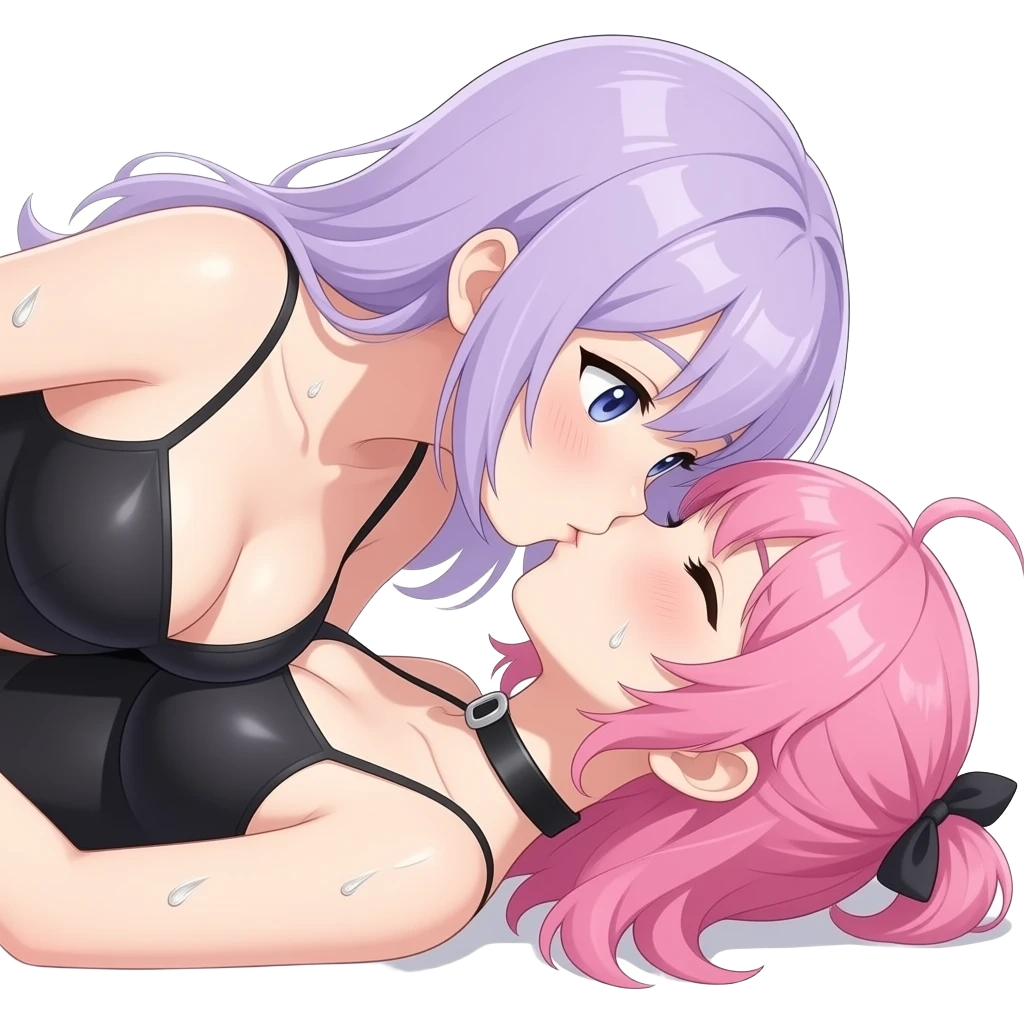 Two sweaty anime girls kissing, one on too that has big tits and light purple hair, and one on the bottom which is wearing a collar and has pink hair emoji
