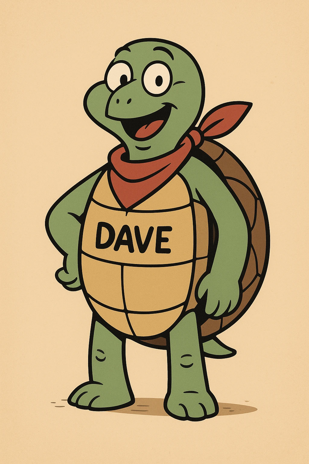 turtle named Dave standing upright with red bandana, cheerful look emoji