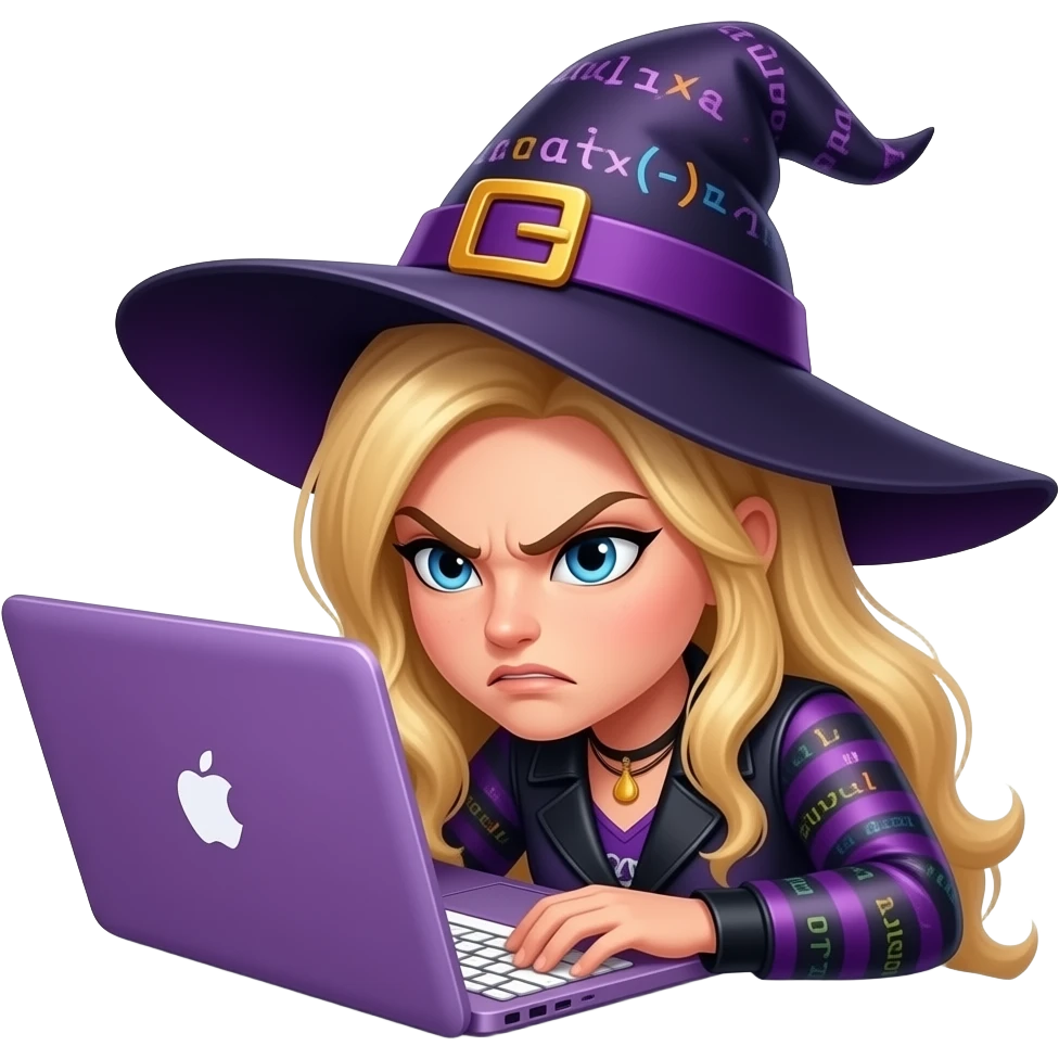 blonde witch, resting head on purple apple macbook keyboard, looking angry,purple and black outfit, with code surrounding her and fire emoji