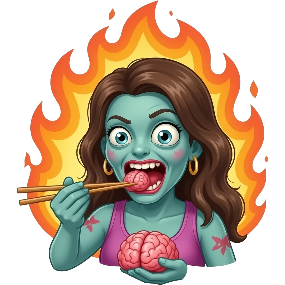 crazy zombie lady on fire eating a brain with chopsticks emoji