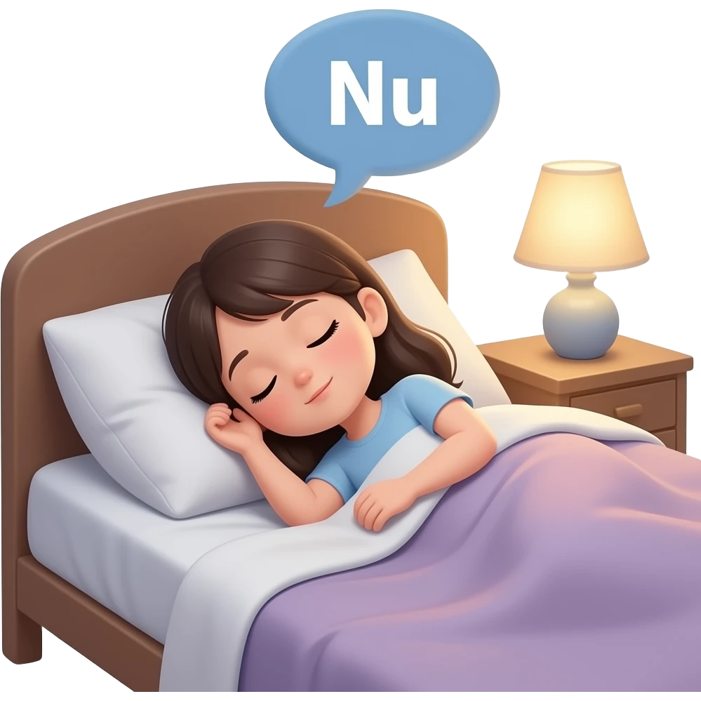 girl is sleeping in the bed and around her head is going "Nu" emoji
