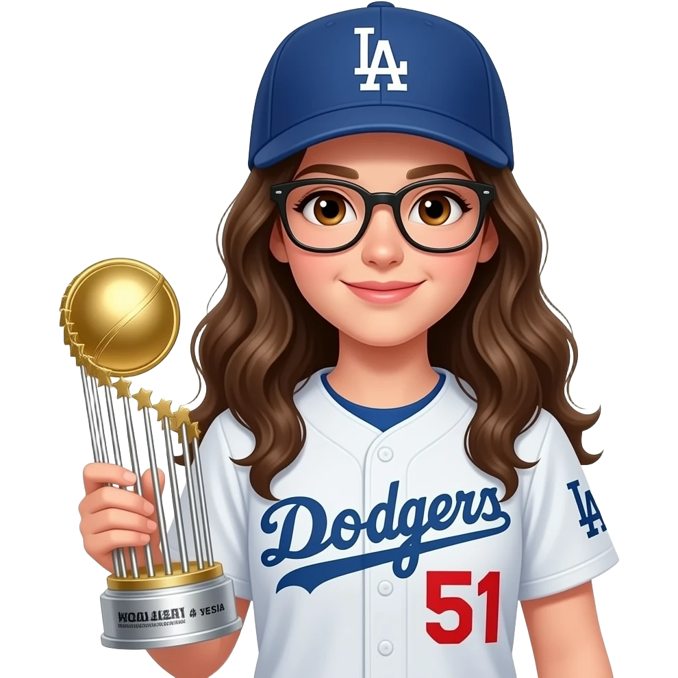 Girl with glasses with brown eyes & long wavy hair wearing dodgers holding World Series trophy wearing #51 vesia emoji