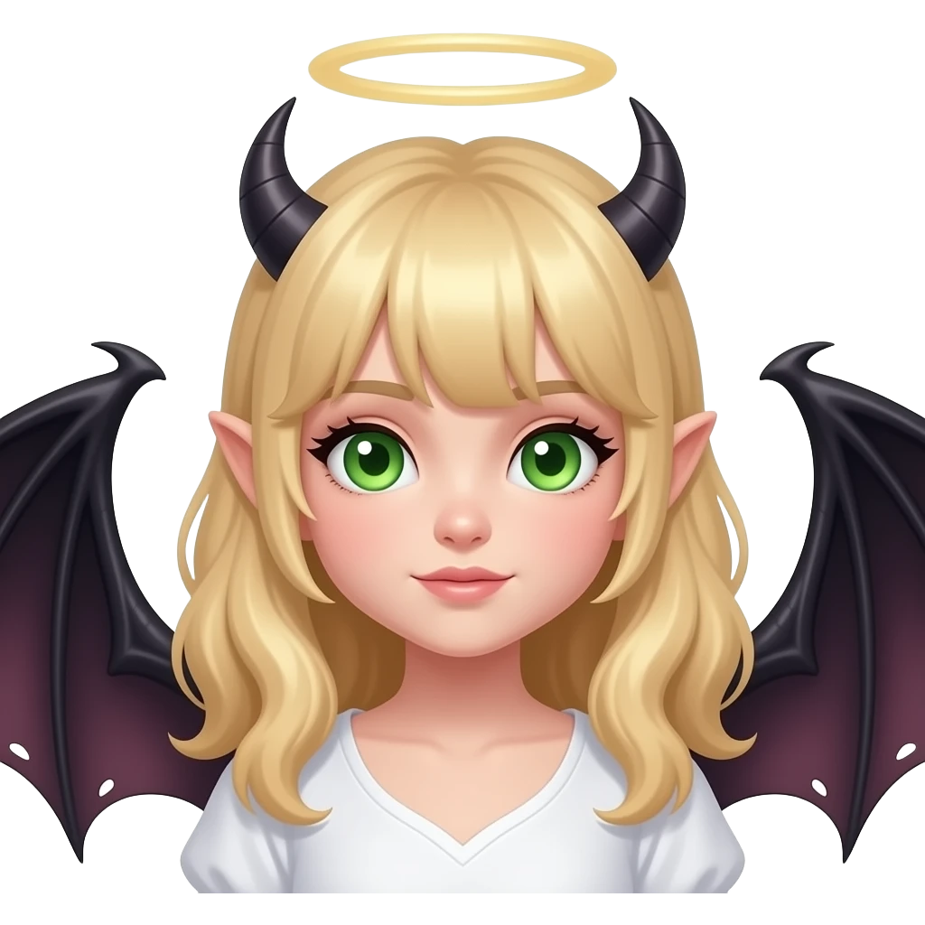 Make an emoji of a cute green eyes, blond hair white girl with an angel halo, but devilish and dark everywhere else with dragon wings emoji